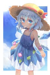 Rule 34 | 1girl, adapted costume, bare arms, bare shoulders, blue dress, blue eyes, blue hair, blue sky, blush, cirno, cloud, collarbone, day, dress, flat chest, flower, food, hat, hat flower, hat ribbon, highres, ice, ice cream, ice wings, kibisake, lens flare, melting, morning glory, mouth hold, outline, outside border, popsicle, red ribbon, ribbon, short hair, skirt hold, sky, sleeveless, sleeveless dress, solo, standing, straw hat, sun, sun hat, sunflower, sweat, tan, tanline, tanned cirno, touhou, white outline, wings