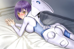 Rule 34 | 10s, 1girl, arisku, ass, bed, blue hair, blush, bodysuit, breast press, breasts, darling in the franxx, green eyes, hair ornament, hairclip, ichigo (darling in the franxx), looking at viewer, lying, on stomach, short hair, sideboob, skin tight, solo, wavy mouth, white bodysuit