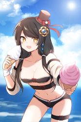 Rule 34 | 1girl, :d, artist request, bare shoulders, belt, bikini, black bikini, black hair, black hat, breasts, cleavage, collarbone, cowboy shot, day, detached sleeves, elsword, eve (2nas) (elsword), eve (elsword), facial mark, food, gluteal fold, hair ornament, hat, highres, holding, ice cream, leaning forward, long hair, looking at viewer, medium breasts, navel, open mouth, outdoors, smile, solo, standing, stomach, strapless, strapless bikini, swimsuit, thigh strap, thighs, top hat, yellow eyes