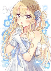 Rule 34 | 1girl, :o, absurdres, bare shoulders, blonde hair, blue flower, blush, braid, brown eyes, collarbone, commentary request, dress, fang, floral background, flower, gloves, hair between eyes, hair flower, hair ornament, hair rings, hands up, highres, looking at viewer, nemophila (flower), open mouth, original, rose, sakura oriko, sleeveless, sleeveless dress, solo, white background, white dress, white flower, white gloves, white rose