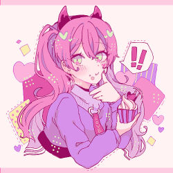 Rule 34 | !, !!, 1boy, border, demon horns, fake horns, fran (technoroid), green eyes, horns, long hair, looking at viewer, lowres, male focus, pink background, pink border, pink hair, shenaa, signature, sketch, solo, technoroid, trap, twintails
