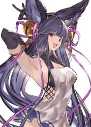 Rule 34 | 1girl, absurdres, animal ears, armlet, armpits, arms behind head, arms up, bare shoulders, bell, black gloves, black hair, blush, breasts, cleavage, dress, elbow gloves, erune, fox ears, fox shadow puppet, fox tail, gloves, granblue fantasy, hair bell, hair ornament, highres, huge filesize, jikatarou, jingle bell, large breasts, long hair, looking at viewer, open mouth, purple eyes, purple ribbon, ribbon, short dress, simple background, smile, solo, steam, sweat, tail, very long hair, white background, white dress, yuel (granblue fantasy)