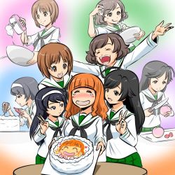 Rule 34 | 5girls, :d, :q, ahoge, akiyama yukari, arms up, bandaged fingers, bandages, birthday, birthday cake, black eyes, black hair, black neckerchief, blouse, blunt bangs, blush, bowl, brown eyes, brown hair, cake, character print, closed eyes, closed mouth, cooking, egg, flashback, food, frown, fruit, girls und panzer, green skirt, hairband, half-closed eyes, happy, holding, holding bowl, holding knife, isuzu hana, knife, kogane (staygold), long hair, long sleeves, looking at another, lowres, mixer (cooking), mixing bowl, multiple girls, neckerchief, nishizumi miho, ooarai school uniform, open mouth, orange hair, outstretched arms, peach, pleated skirt, reizei mako, sailor collar, school uniform, serafuku, shirt, short hair, sitting, skirt, smile, spread arms, standing, strawberry, table, takebe saori, tearing up, tongue, tongue out, v, white hairband, white sailor collar, white shirt
