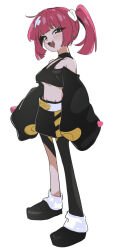 Rule 34 | 1girl, :3, absurdres, bandaid, bandaid hair ornament, belt, black eyes, black footwear, black skirt, blush, breasts, creatures (company), crop top, crop top overhang, drooling, fang, full body, game freak, hair ornament, highres, long sleeves, looking at viewer, medium breasts, mouth drool, nintendo, ocha (popopogg), pink hair, pokemon, pokemon (anime), pokemon horizons, coral (pokemon), simple background, skirt, sleeves past fingers, sleeves past wrists, solo, standing, twintails, white background
