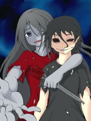 Rule 34 | 2girls, artist request, black dress, black eyes, black hair, black sclera, colored sclera, colored skin, corpse party, dress, ghost, gradient background, grey skin, long hair, looking at viewer, multiple girls, open mouth, outstretched hand, pointy ears, red dress, scissors, shinozaki sachi, shinozaki sachiko, short hair, siblings, sisters, smile, spoilers, torn clothes, twins, very long hair, wavy mouth