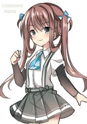 Rule 34 | 1girl, arm warmers, asagumo (kancolle), ascot, blue ascot, brown hair, cowboy shot, fathom, grey eyes, grey skirt, hair ribbon, highres, kantai collection, long hair, pleated skirt, ribbon, shirt, short sleeves, simple background, skirt, solo, suspender skirt, suspenders, twintails, twitter username, white background, white shirt