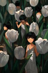 Rule 34 | 5girls, absurdres, bare arms, black hair, blue eyes, clone, closed mouth, collarbone, commentary, commentary request, dress, english commentary, expressionless, flower, highres, looking at viewer, mixed-language commentary, multiple girls, myango (applemangocrape), original, outdoors, oversized flower, profile, short hair, sleeveless, sleeveless dress, white dress, white flower