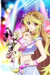 Rule 34 | 2girls, ahoge, armor, blonde hair, blue eyes, company connection, confetti, cosplay, costume switch, crop top, crossover, finger to mouth, green hair, hairband, hand on own hip, idolmaster, idolmaster million live!, jewelry, long hair, looking at viewer, midriff, milla maxwell, milla maxwell (cosplay), million dreams (idolmaster), miniskirt, multiple girls, namco, navel, official art, parted lips, pendant, shimabara elena, shimabara elena (cosplay), shushing, skirt, standing, standing on one leg, tales of (series), tales of xillia, teepo (tales), very long hair, wrist cuffs, wristband