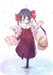Rule 34 | 1girl, black hair, boots, bow, brown eyes, errant, floral print, hair bow, hakama, hakama skirt, japanese clothes, k-on!, long hair, looking down, meiji schoolgirl uniform, nakano azusa, petals, ripples, skirt, sleeves past wrists, smile, solo, twintails, water, wide sleeves