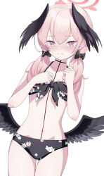 Rule 34 | 1girl, bikini, black bikini, black bow, black wings, blue archive, blush, bow, clenched hands, closed mouth, commentary request, cowboy shot, feathered wings, floral print, front-tie bikini top, front-tie top, hair bow, halo, hands up, head wings, highres, koharu (blue archive), koharu (swimsuit) (blue archive), long hair, looking at viewer, low twintails, low wings, official alternate costume, partial commentary, pink eyes, pink hair, print bikini, red halo, reijing etrn, simple background, solo, swimsuit, tattoo, twintails, white background, wings