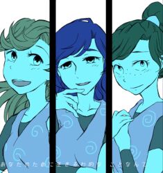 Rule 34 | 3girls, blue shading, iiko (rakudai ninja rantarou), kunoichi, mikana (nintama), multiple girls, naomi (rakudai ninja rantarou), ojou-sama pose, rakudai ninja rantarou, souko (rakudai ninja rantarou), white background