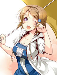 Rule 34 | 10s, 1girl, ;d, ajishio, blue dress, breasts, brown hair, cleavage, dress, hair ornament, hairclip, hood, hooded jacket, jacket, koizumi hanayo, large breasts, love live!, love live! school idol festival, love live! school idol project, one eye closed, open clothes, open jacket, open mouth, purple eyes, short hair, smile, solo, tears, umbrella, rubbing eyes, wiping tears