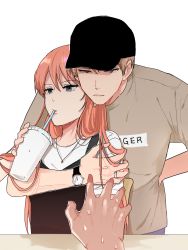 Rule 34 | 1boy, 1girl, aged up, bad id, bad pixiv id, black hat, blue eyes, brown hair, drinking, gintama, grey shirt, hair between eyes, hand on own hip, hat, highres, jewelry, kagura (gintama), kwonrugger, long hair, looking at viewer, necklace, okita sougo, orange hair, parted lips, red eyes, ring, shirt, simple background, sweater, upper body, visor cap, watch, white background, wristwatch