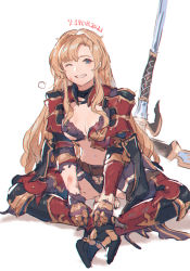 Rule 34 | 1girl, armored boots, black panties, blonde hair, blue eyes, boots, breasts, bruise, bruise on face, cleavage, earrings, gauntlets, granblue fantasy, grin, hair down, high heel boots, high heels, highres, indian style, injury, jewelry, long hair, looking at viewer, medium breasts, midriff, navel, one eye closed, panties, scythe, shimatani azu, sitting, sketch, smile, solo, stomach, torn clothes, torn sleeves, underwear, very long hair, white background, zeta (granblue fantasy)