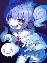 Rule 34 | 1girl, ascot, bags under eyes, black ascot, blue hair, cape, colored skin, frilled sleeves, frills, fur collar, fur trim, ghost, headphones, headphones removed, highres, ketopon, living clothes, looking at viewer, open mouth, original, puffy short sleeves, puffy sleeves, purple background, purple eyes, sharp teeth, short sleeves, solo, teeth, twintails, upper body, white skin