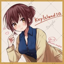 Rule 34 | 1girl, blue shirt, blush, breasts, brown eyes, brown hair, cleavage, closed mouth, coat, collared shirt, commentary request, eyelashes, eyes visible through hair, folded ponytail, hair between eyes, hand up, heart, index finger raised, large breasts, leaning forward, looking at viewer, medium hair, micchi (koto maple), misaki kyouko (summer pockets), mole, mole under mouth, open clothes, open coat, sample watermark, shikishi, shirt, signature, smile, solo, summer pockets, twitter username, upper body, watermark, yellow coat
