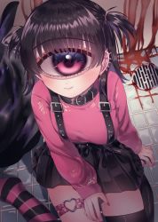 Rule 34 | 1girl, absurdres, arm support, azen (mntimcczgrtn), belt collar, black hair, blood, blush, collar, cyclops, drain (object), ear piercing, earrings, eyeshadow, from above, hand on own thigh, heart o-ring, highres, jewelry, long hair, long sleeves, looking at viewer, makeup, monster girl, multiple earrings, nail polish, on floor, one-eyed, original, piercing, pink eyes, shirt, sitting, skirt, smile, solo, sparkle, striped clothes, striped thighhighs, suspender skirt, suspenders, sweater, thigh strap, thighhighs, tile floor, tiles, torn clothes, torn shirt, trash bag, twintails, yokozuwari