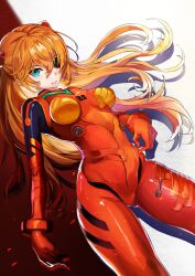 Rule 34 | 1girl, blue eyes, bodysuit, breasts, curvy, drop shadow, evangelion: 3.0 you can (not) redo, eyelashes, eyepatch, floating hair, frown, highres, interface headset, lips, long hair, medium breasts, neon genesis evangelion, orange hair, plugsuit, rebuild of evangelion, red bodysuit, sakaraubito, skin tight, solo, souryuu asuka langley, two-tone background, very long hair, wide hips