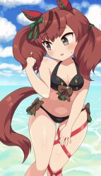 Rule 34 | 1girl, alternate costume, animal ears, averting eyes, bare shoulders, beach, bikini, black bikini, blue sky, blush, bow, breasts, brown eyes, cleavage, cloud, cloudy sky, commentary request, cowboy shot, ear bow, ear covers, embarrassed, green bow, highres, horse ears, horse girl, horse tail, medium breasts, medium hair, navel, nice nature (umamusume), ocean, outdoors, playing with own hair, red hair, simoyuki, sky, smile, solo, stomach, striped bow, sweat, swimsuit, tail, thigh strap, twintails, twirling hair, umamusume, water