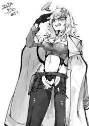 Rule 34 | 1girl, bags under eyes, bibie307, breasts, chaps, cleavage, clothing cutout, coat, coat on shoulders, cropped jacket, dated, goddess of victory: nikke, greyscale, hair ornament, hairclip, highres, jewelry, large breasts, leotard, long hair, messy hair, midriff, monochrome, navel, necklace, scar, scar on stomach, sharp teeth, solo, squiggle, stomach cutout, teeth, yulha (nikke)