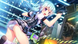 Rule 34 | 1girl, arcade, ass, blue hair, blush, breasts, game cg, gun toy, kino (kino konomi), kino konomi, konomi (kino konomi), legs, long hair, looking away, nakano mei, open mouth, panties, playing, purple eyes, shirogane x spirits, shoes, skirt, small breasts, socks, standing, striped clothes, striped panties, thighs, underwear