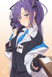 Rule 34 | 1girl, black gloves, black skirt, blue archive, blue eyes, blue necktie, blush, breasts, commentary request, gloves, halo, hand in own hair, highres, holding, id card, jacket, long hair, long sleeves, looking at viewer, necktie, open clothes, pallad, purple eyes, purple hair, shirt, simple background, skirt, solo, two side up, white shirt, yuuka (blue archive)