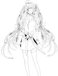 Rule 34 | 1girl, absurdres, ahoge, bad id, bad pixiv id, belt, choker, eyepatch, greyscale, hatsune miku, highres, lineart, long hair, megaphone, monochrome, skirt, solo, thighhighs, tp65pxu4, transparent background, twintails, very long hair, vocaloid, weapon