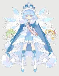 Rule 34 | 3girls, blonde hair, blue cape, blue eyes, blue footwear, blue hair, blue vest, blush, cape, capelet, cirno, closed eyes, closed mouth, daiyousei, detached wings, fairy, green hair, grey background, hat, highres, ice, ice wings, lily white, long hair, long sleeves, multiple girls, nikorashi-ka, open mouth, shoes, short hair, smile, touhou, vest, white capelet, white headwear, wings