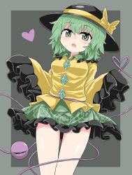 Rule 34 | 1girl, black frills, black hat, bow, breasts, bright pupils, chups, collarbone, frilled shirt collar, frilled skirt, frilled sleeves, frills, green eyes, green hair, green skirt, grey background, hat, hat bow, hat ribbon, heart, heart of string, highres, jewelry, komeiji koishi, long sleeves, looking at viewer, miniskirt, open mouth, ribbon, shirt, short hair, simple background, skirt, sleeves past fingers, sleeves past wrists, solo, third eye, touhou, wide sleeves, yellow bow, yellow ribbon, yellow shirt