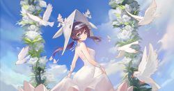 Rule 34 | 1girl, arknights, bird, bow, breasts, bride, brown eyes, brown hair, bug, butterfly, choker, cloud, commentary request, day, dress, flower, hair bow, hat, highres, insect, lily (flower), long dress, looking at viewer, medium breasts, outdoors, purestream (arknights), sideboob, sky, solo, twintails, visor cap, wedding dress, white bird, white butterfly, white dress, white flower, wrist cuffs, yizhibao