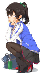 Rule 34 | 1girl, arm support, bag, black cat, black hair, black pantyhose, black skirt, blue eyes, blush, cat, closed mouth, drinking straw, ear piercing, eyebrows, full body, hair between eyes, head rest, high heels, highres, jacket, jewelry, long sleeves, mole, mole under mouth, original, pantyhose, piercing, pleated skirt, ponytail, red footwear, ring, shadow, shoes, simple background, skirt, solo, spirytus tarou, squatting, track jacket, white background