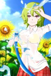 Rule 34 | 1girl, black bitou, blue sky, blurry, blurry background, bra, breasts, cloud, collared shirt, day, flower, green hair, hand in own hair, highres, hose, kazami yuuka, medium breasts, pov, red eyes, red skirt, see-through, shirt, short hair, short sleeves, skirt, sky, smile, solo, sunflower, touhou, underwear, water, wet, wet clothes, wet hair, white shirt, yellow bra