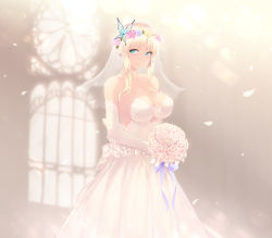 Rule 34 | 1girl, bare shoulders, blonde hair, blue eyes, blush, boku wa tomodachi ga sukunai, bouquet, breasts, bridal veil, bride, butterfly hair ornament, cait aron, cleavage, collarbone, dress, elbow gloves, flower, gloves, hair flower, hair ornament, highres, holding, holding bouquet, jewelry, kashiwazaki sena, large breasts, long hair, looking at viewer, pink flower, purple flower, smile, solo, standing, veil, wedding dress, white dress, white flower, white gloves, yellow flower