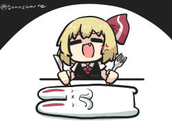 Rule 34 | 1girl, = =, anger vein, animal ears, black vest, blonde hair, closed eyes, commentary request, crying, fang, fork, goma (gomasamune), hair ribbon, highres, holding, holding fork, holding knife, knife, necktie, open mouth, own hands together, rabbit, rabbit ears, ribbon, rumia, shaded face, short hair, short sleeves, touhou, twitter username, vest