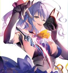 Rule 34 | 1girl, black gloves, blue dress, blue hair, breasts, dagger, dress, elbow gloves, fox mask, gloves, hikikomari kyuuketsuki no monmon, knife, large breasts, long hair, looking at viewer, mask, millicent bluenight, open mouth, riichu, solo, teeth, weapon, white background, yellow eyes