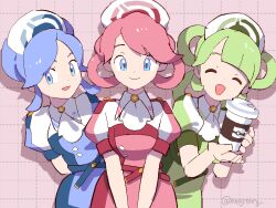 3girls :d ^_^ blue_dress blue_eyes blue_hair breasts closed_eyes closed_mouth creatures_(company) cup dress drop_shadow game_freak green_dress hair_rings hat holding holding_cup jaggy_lines light_green_hair long_hair looking_at_viewer medium_breasts mizutani_megumi multiple_girls nintendo nurse_cap open_mouth pink_background pink_dress pink_hair pokemon pokemon_masters_ex puffy_short_sleeves puffy_sleeves short_hair short_sleeves siblings sisters smile star_(symbol) tricia_(pokemon) trinnia_(pokemon) trista_(pokemon) twitter_username