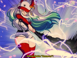 Rule 34 | 1girl, action, ball, baseball uniform, blouse, bluethebone, breasts, club, club (weapon), commentary, curled horns, electricity, emphasis lines, english commentary, feet out of frame, green hair, horns, kanabou, large breasts, long hair, multicolored hair, one piece, red thighhighs, retro artstyle, shirt, short shorts, shorts, solo, sportswear, thick thighs, thighhighs, thighs, tongue, tongue out, two-tone hair, weapon, white hair, white shirt, white shorts, yamato (one piece)
