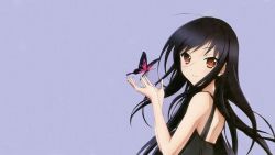 Rule 34 | 1girl, accel world, alek1212, back, bad id, bad pixiv id, black dress, black hair, blue background, brown eyes, bug, butterfly, closed mouth, dress, from side, hands up, highres, insect, kuroyukihime, long hair, looking at viewer, open hands, pink butterfly, skinny, smile, solo
