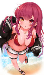 Rule 34 | 1girl, absurdres, alternate hairstyle, anchor symbol, bad id, bad pixiv id, bikini, bikini under clothes, black footwear, black jacket, blush, breasts, cleavage, collarbone, commentary request, full body, hair between eyes, hair down, halterneck, heart, heart necklace, heterochromia, highres, hololive, houshou marine, houshou marine (summer), jacket, jewelry, kohe billialot, large breasts, long hair, long sleeves, looking at viewer, navel, necklace, o-ring, o-ring thigh strap, open clothes, open jacket, parted lips, red bikini, red eyes, red hair, sandals, short shorts, shorts, solo, standing, standing on one leg, string bikini, swimsuit, thigh strap, very long hair, virtual youtuber, white shorts, yellow eyes