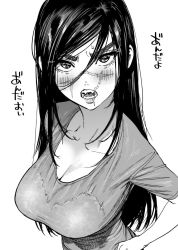 Rule 34 | 1girl, blush, breasts, cleavage, collarbone, collarless shirt, commentary request, eyebrows, facial scar, genderswap, genderswap (mtf), golden kamuy, greyscale, hair between eyes, kimidake, large breasts, lips, long hair, monochrome, open mouth, scar, scar on cheek, scar on face, scar on mouth, scar on nose, shirt, simple background, solo, sugimoto saichi, sweat, teeth, translation request, upper body, white background