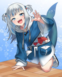 Rule 34 | 1girl, :d, absurdres, blue background, blue eyes, blue hair, blue hoodie, blush, claw pose, commentary, english commentary, fins, fish tail, foot out of frame, gawr gura, gawr gura (1st costume), hair ornament, highres, hololive, hololive english, hood, hoodie, knee up, long hair, looking at viewer, multicolored hair, open mouth, patterned background, shark hair ornament, shark tail, sharp teeth, shoes, short twintails, silver hair, smile, solo, standing, standing on one leg, stitches, streaked hair, table, tail, teeth, twintails, two-tone hair, two side up, upper teeth only, virtual youtuber, white footwear, ybee