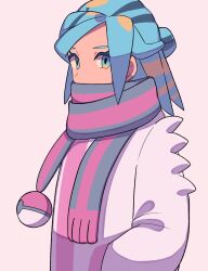 Rule 34 | 1boy, alternate color, blue eyes, blue hair, creatures (company), eyelashes, game freak, grusha (pokemon), hand in pocket, highres, jacket, looking at viewer, male focus, nintendo, pink scarf, poke ball print, pokemon, pokemon masters ex, scarf, scarf over mouth, simple background, solo, striped clothes, striped scarf, tyako 089, upper body