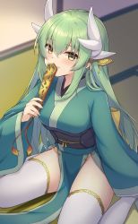 Rule 34 | 1girl, aqua hair, aqua kimono, breasts, dragon girl, dragon horns, fate/grand order, fate (series), hair between eyes, hand fan, highres, holding, holding fan, horns, indoors, japanese clothes, kimono, kiyohime (fate), looking at viewer, multiple horns, obi, pelvic curtain, sash, shun (b.c), small breasts, solo, tatami, thighhighs, white thighhighs, wide sleeves, yellow eyes