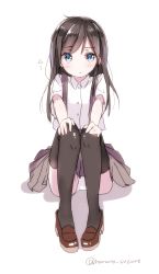 Rule 34 | 10s, 1girl, :&lt;, asashio (kancolle), black hair, black thighhighs, blue eyes, commentary request, full body, hands on own knees, haruno suzune, highres, kantai collection, panties, pantyshot, pleated skirt, school uniform, serafuku, shoes, sitting, skirt, solo, suspenders, thighhighs, underwear, white background, white panties