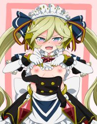 Rule 34 | 1girl, absurdres, blonde hair, blue eyes, blush, breasts, carol malus dienheim, clothes lift, goounagi, highres, long hair, looking at viewer, maid, maid headdress, nipples, open mouth, senki zesshou symphogear, shirt lift, small breasts, smile, solo, twintails
