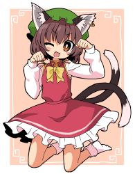 Rule 34 | 1girl, ;3, ;d, animal ear fluff, animal ear piercing, animal ears, azumi haruhito, blush stickers, bow, bowtie, bright pupils, brown eyes, brown hair, cat ears, cat tail, chen, commentary request, dress, earrings, fang, flat chest, frills, full body, gold trim, hands up, hat, highres, jewelry, kneeling, long sleeves, looking at viewer, mob cap, multiple tails, nekomata, one eye closed, open mouth, paw pose, petticoat, puffy long sleeves, puffy sleeves, red dress, red skirt, red vest, short hair, simple background, single earring, skirt, skirt set, smile, solo, tail, touhou, two tails, v-shaped eyebrows, vest, white pupils, yellow bow, yellow bowtie