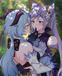 Rule 34 | 2girls, ahoge, arm around waist, back, bare shoulders, black gloves, blue hair, blurry, blurry background, blush, braid, cone hair bun, detached sleeves, dress, finger to another&#039;s mouth, flower, from behind, ganyu (genshin impact), genshin impact, gloves, goat horns, hair bun, hair flower, hair ornament, horns, hug, keqing (genshin impact), long hair, long sleeves, looking at another, multiple girls, negom, purple dress, purple hair, sidelocks, tassel, twintails, twitter username, upper body, very long hair, yuri