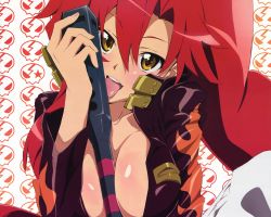 Rule 34 | 00s, between breasts, blush, breasts, cleavage, gun, highres, large breasts, licking, long hair, nail polish, open clothes, red hair, rifle, sexually suggestive, tengen toppa gurren lagann, tongue, weapon, yellow eyes, yoko littner