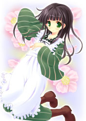Rule 34 | 1girl, ama usa an uniform, apron, blunt bangs, boots, brown footwear, brown hair, closed mouth, commentary request, flat chest, floral background, frilled apron, frills, full body, gochuumon wa usagi desu ka?, green eyes, green kimono, highres, japanese clothes, kimono, kneeling, long hair, long sleeves, looking at viewer, maid apron, polka dot trim, sawi motoron, smile, solo, striped clothes, striped kimono, ujimatsu chiya, white apron, wide sleeves