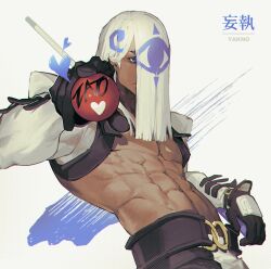 Rule 34 | 1boy, abs, ball, belt, black gloves, blue eyes, character name, cue stick, dark-skinned male, dark skin, gloves, guilty gear, hair over one eye, heart, highres, holding, holding ball, long hair, long sleeves, looking at viewer, male focus, mayak666, paint splatter, pants, pectorals, simple background, solo, venom (guilty gear), white hair